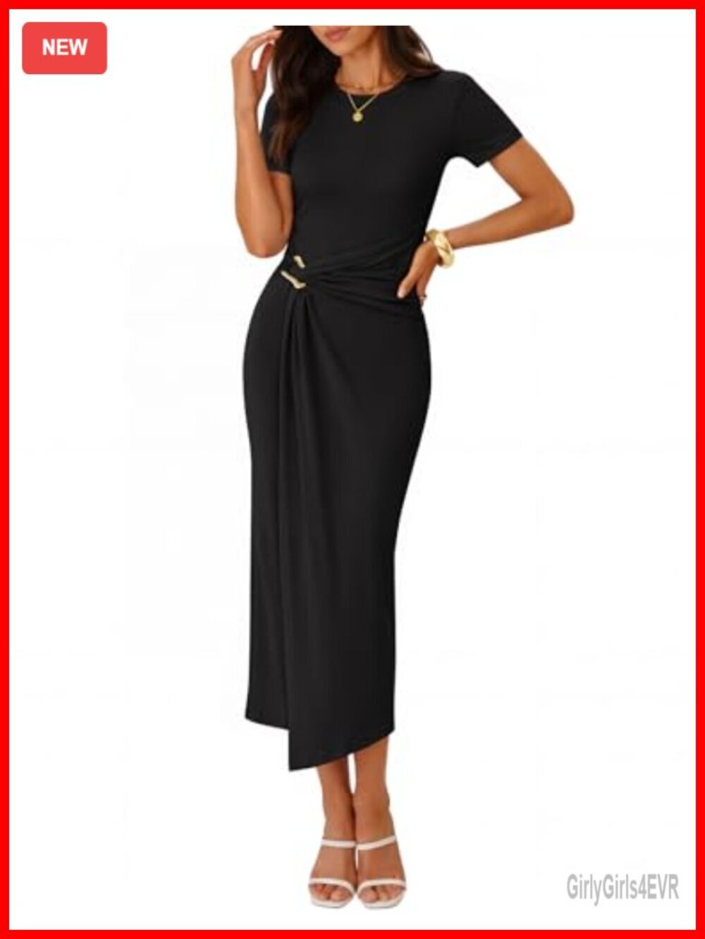 Summer Short Sleeve Bodycon Midi Dress Crewneck Ruched Wedding Guest Cocktail